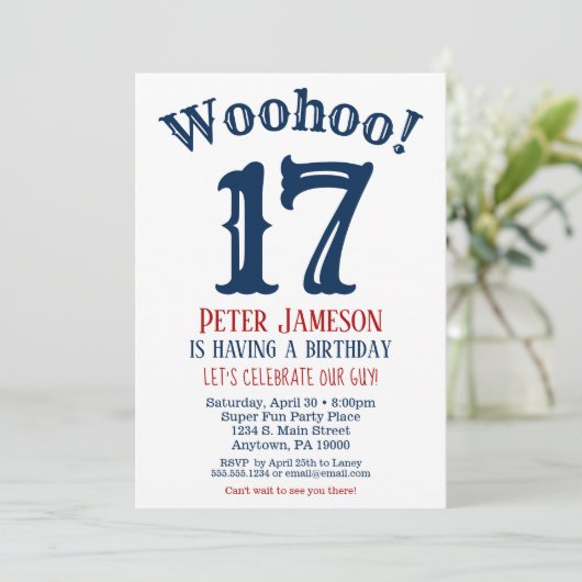 17誕生日招待状10代のボーイネイビーブルー 招待状 (スタンド正面)
