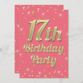17誕生日金ゴールドきらきら光るタイポグラフィ紙吹雪ピンク 招待状 (正面/裏面)