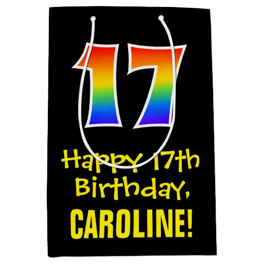 17誕生日:おもしろいはっきりした、カラフルレインボー「17」 ミディアムペーパーバッグ (正面)
