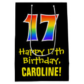 17誕生日:おもしろいはっきりした、カラフルレインボー「17」 ミディアムペーパーバッグ (裏面)