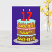 17誕生日:おもしろいケーキとキャンドル+名前をカスタムする カード (黄色い花)