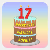 17誕生日:おもしろいケーキとキャンドル+名前をカスタムする スクエアシール (正面)