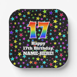 17誕生日:おもしろい星模様と虹"17" ペーパープレート