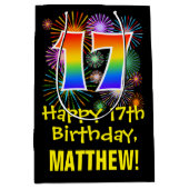 17誕生日:おもしろい花火パターン+虹17 ミディアムペーパーバッグ (正面)