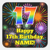 17誕生日:おもしろい花火ルック、虹# 17 スクエアシール (正面)
