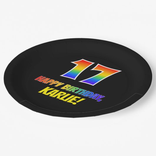 17誕生日:はっきりした,おもしろい,シンプル虹, 17 ペーパープレート (アングル)