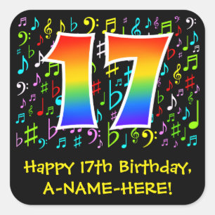 17誕生日:カラフル音楽シンボル、レインボー17 スクエアシール
