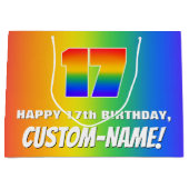 17誕生日: カラフル、おもしろいレインボーパターン# 17 ラージペーパーバッグ (正面)