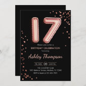 17誕生日-バラ金ゴールドバルーン黒 招待状 (正面/裏面)