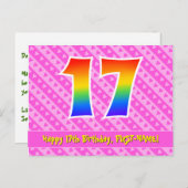 17誕生日:ピンクストライプのハート、レインボー17 ポストカード (正面/裏面)