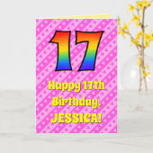 17誕生日:ピンクストライプのハート、レインボー# 17 カード (黄色い花)