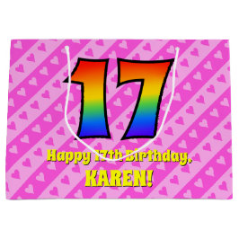 17誕生日：ピンクストライプのハート、レインボー# 17 ラージペーパーバッグ