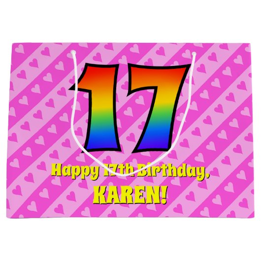 17誕生日：ピンクストライプのハート、レインボー# 17 ラージペーパーバッグ (正面)