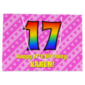 17誕生日：ピンクストライプのハート、レインボー# 17 ラージペーパーバッグ (裏面)