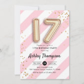 17誕生日 – ピンク色のストライプ金ゴールドバルーン 招待状 (正面)