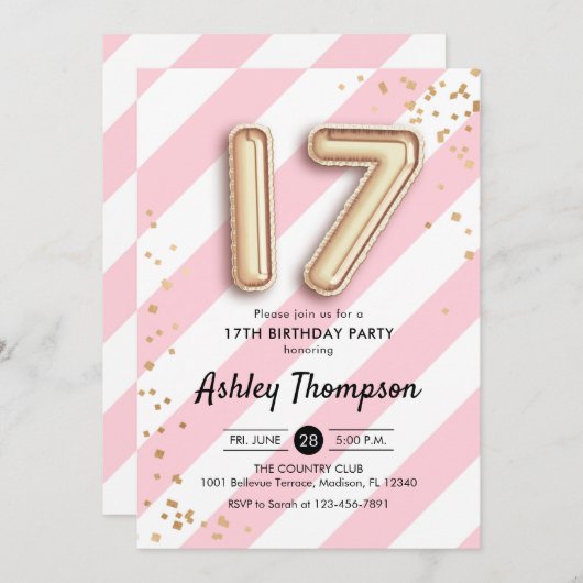 17誕生日 – ピンク色のストライプ金ゴールドバルーン 招待状 (正面/裏面)