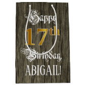 17誕生日:フェイク金ゴールドルック&ウッドフェイクパターン ミディアムペーパーバッグ (正面)