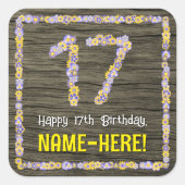 17誕生日:フローラ番号フェイク、木目、名前 スクエアシール (正面)