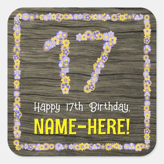 17誕生日:フローラ番号フェイク、木目、名前 スクエアシール (正面)