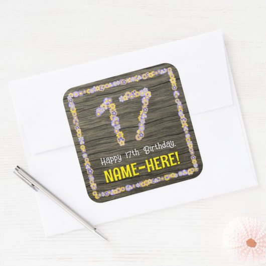 17誕生日:フローラ番号フェイク、木目、名前 スクエアシール (封筒)