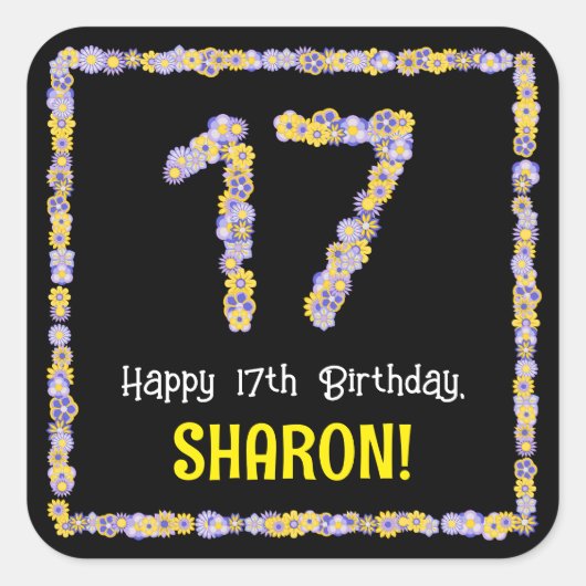 17誕生日:フローラ花数名前をカスタムする スクエアシール (正面)