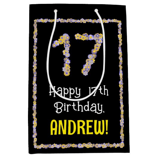 17誕生日:フローラ花数名前をカスタムする ミディアムペーパーバッグ (正面)