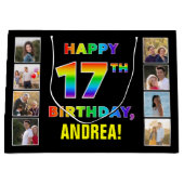 17誕生日:レインボー文字カスタム、写真&名前 ラージペーパーバッグ (正面)