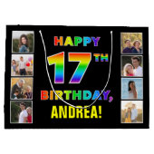 17誕生日:レインボー文字カスタム、写真&名前 ラージペーパーバッグ (裏面)