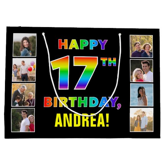 17誕生日：レインボー文字カスタム、写真&名前 ラージペーパーバッグ (裏面)