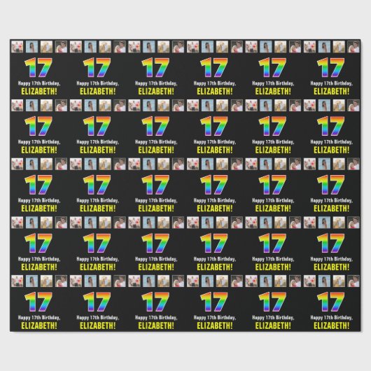 17誕生日:レインボー「17」、写真カスタムと名前 ラッピングペーパー (シーム)