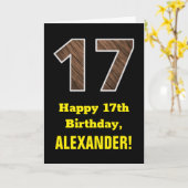 17誕生日:名前、木目フェイク模様「17」 カード (黄色い花)