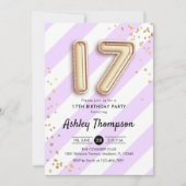 17誕生日 – 紫のとストライプ金ゴールドバルーン 招待状 (正面)