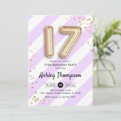 17誕生日 – 紫のとストライプ金ゴールドバルーン 招待状 (スタンド正面)
