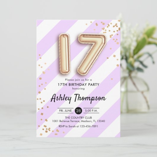 17誕生日 – 紫のとストライプ金ゴールドバルーン 招待状 (スタンド正面)