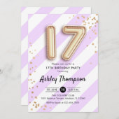 17誕生日 – 紫のとストライプ金ゴールドバルーン 招待状 (正面/裏面)