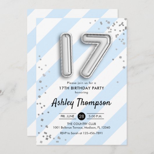 17誕生日 – 青ストライプ色と銀の風船 招待状 (正面/裏面)