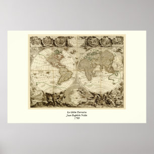 1708年の世界地図ジャン・バプティスト・ノリン ポスター