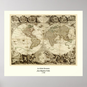 1708年の世界地図ジャン・バプティスト・ノリン ポスター