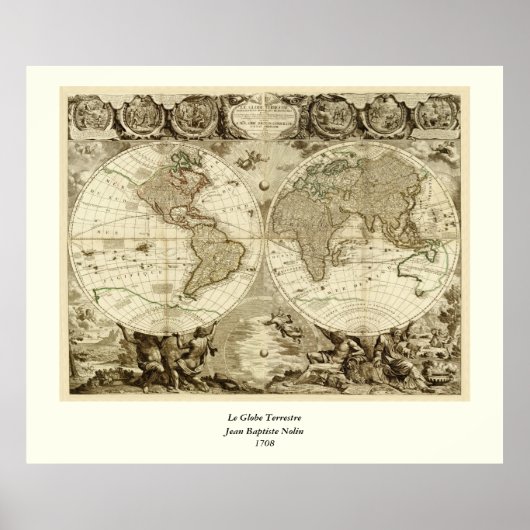 1708年の世界地図ジャン・バプティスト・ノリン ポスター (正面)