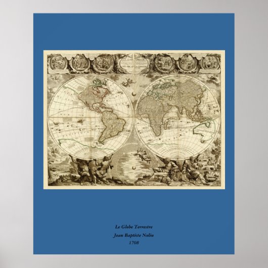 1708年の世界地図ジャン・バプティスト・ノリン ポスター (正面)