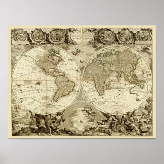 1708年の世界地図ジャン・バプティスト・ノリン ポスター (正面)