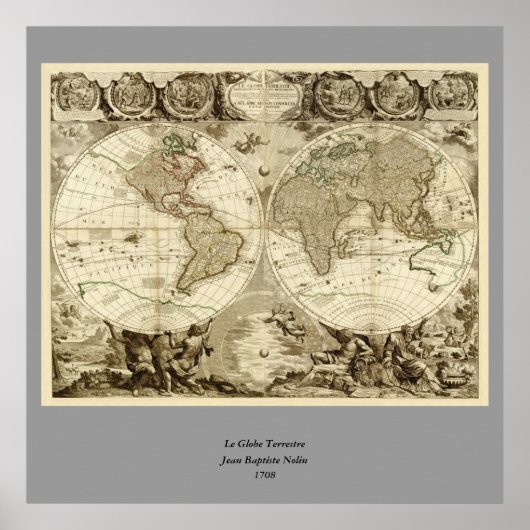 1708 World Map by Jean Baptiste Nolin ポスター (正面)