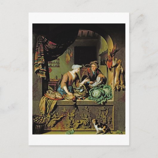 1713年の女性と魚売り(パネル油) ポストカード (正面)