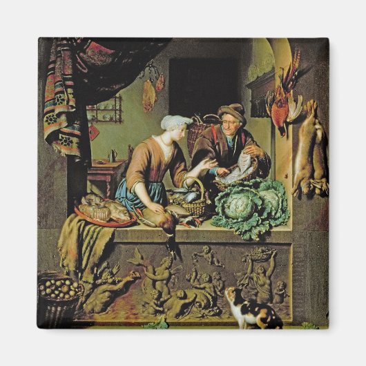1713年の女性と魚売り(パネル油) マグネット (正面)