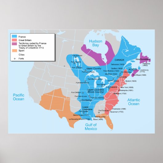 1750年のニューフランスの地図 ポスター (正面)