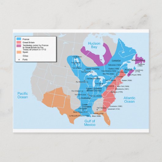 1750年のニューフランスの地図 ポストカード (正面)