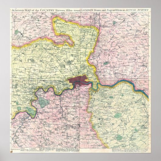 1764年 ロンドンとその周辺地域の古地図 ポスター (正面)