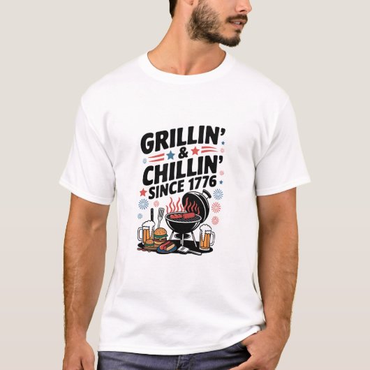 「1776年から続くグリルとチル」 BBQ Tシャツ (正面)