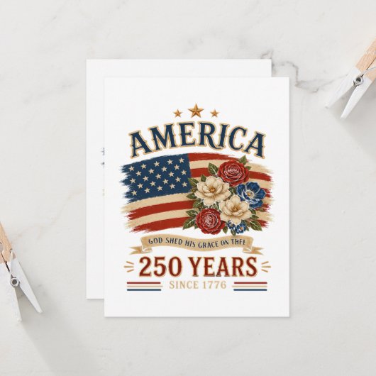 1776年から250年 アメリカ愛国的な花柄の旗 招待状 (正面/裏面インサイチュ)