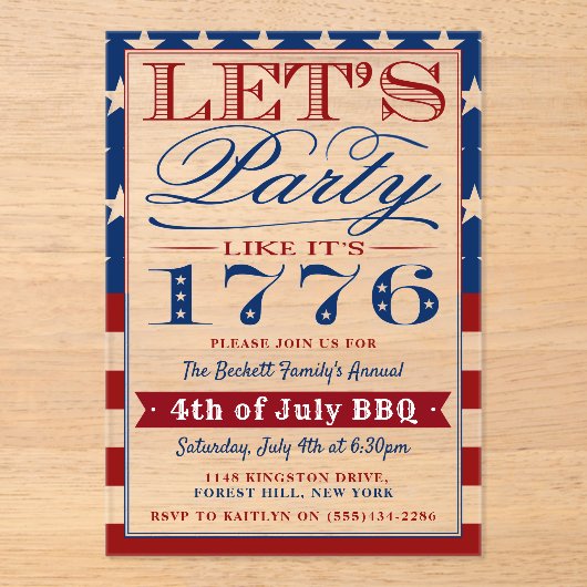 1776年のようにパーティしよう | 7月4日のパーティ アクリル招待状 (正面)